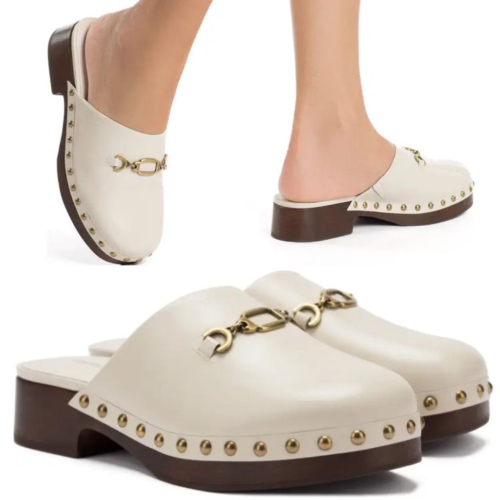 Larroude Zuzi Bit Mule Clogs Slip On Size 6 Ivory Cream Leather Wooden Studs New